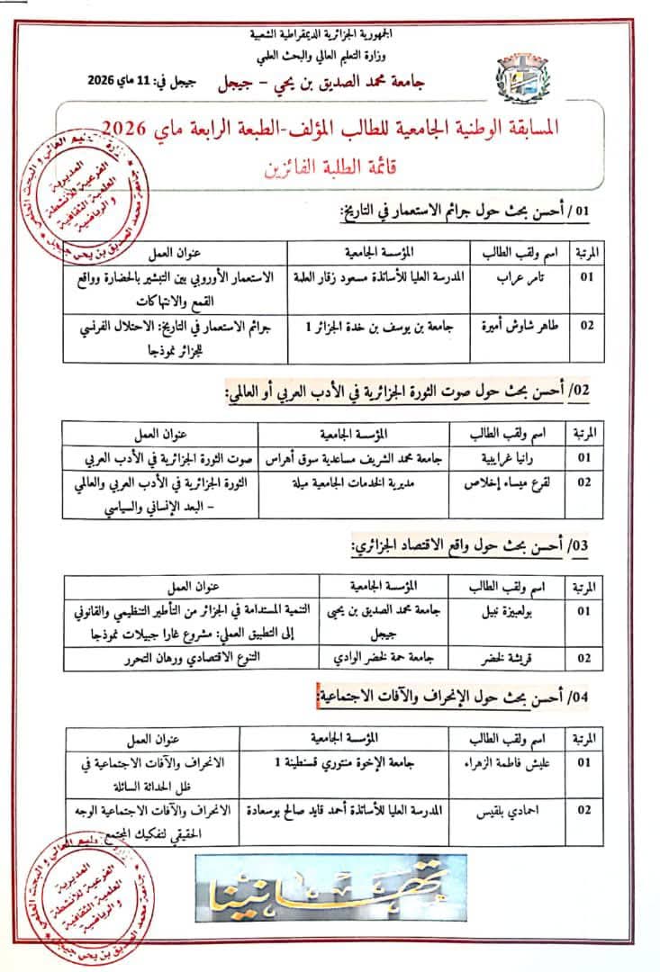 نتائج المسابقة الوطنية الجامعية للطالب المؤلف